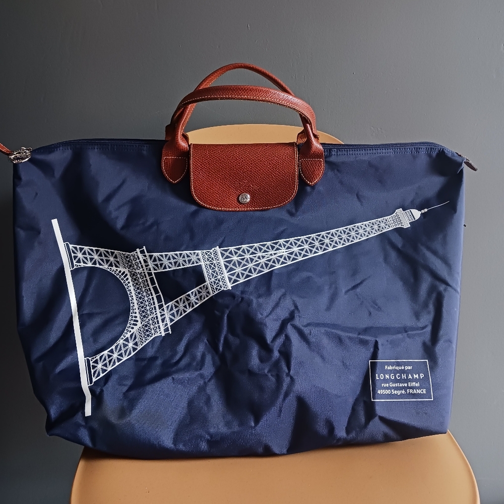 Longchamp Eiffel Tower Blue / Brown Tote Bag, 22.5" Flat Top Lenght